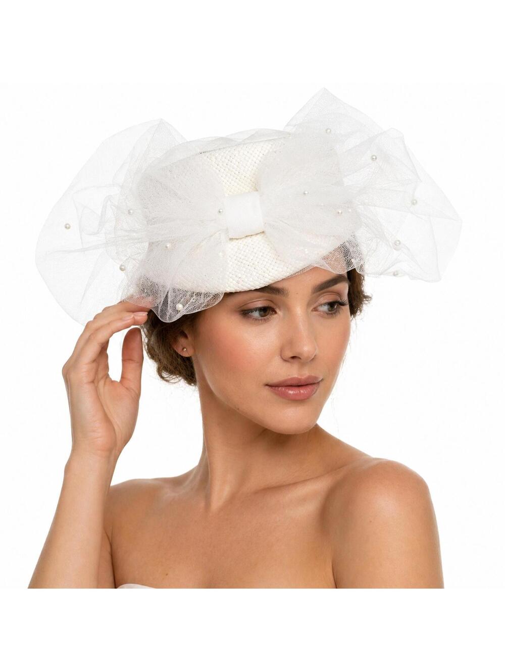 Betmar New York White Bridal Veil Hat Fascinator Pearl Tulle Wedding Church